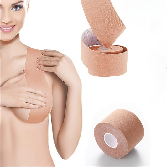 Breathable body tape set with backless nipple cover for A-E cup sizes. Lifts and supports large breasts for athletic activities.