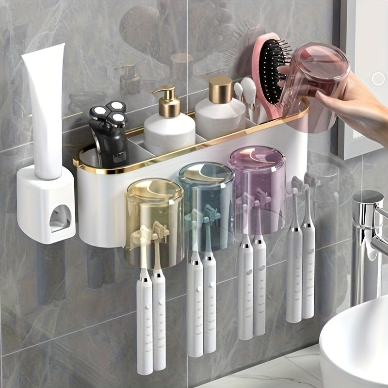 Multifunctional wall-mounted toothbrush and toothpaste holder with squeezer, punch-free design. Clear plastic organizer for electric toothbrushes, includes mouthwash cup storage shelf.