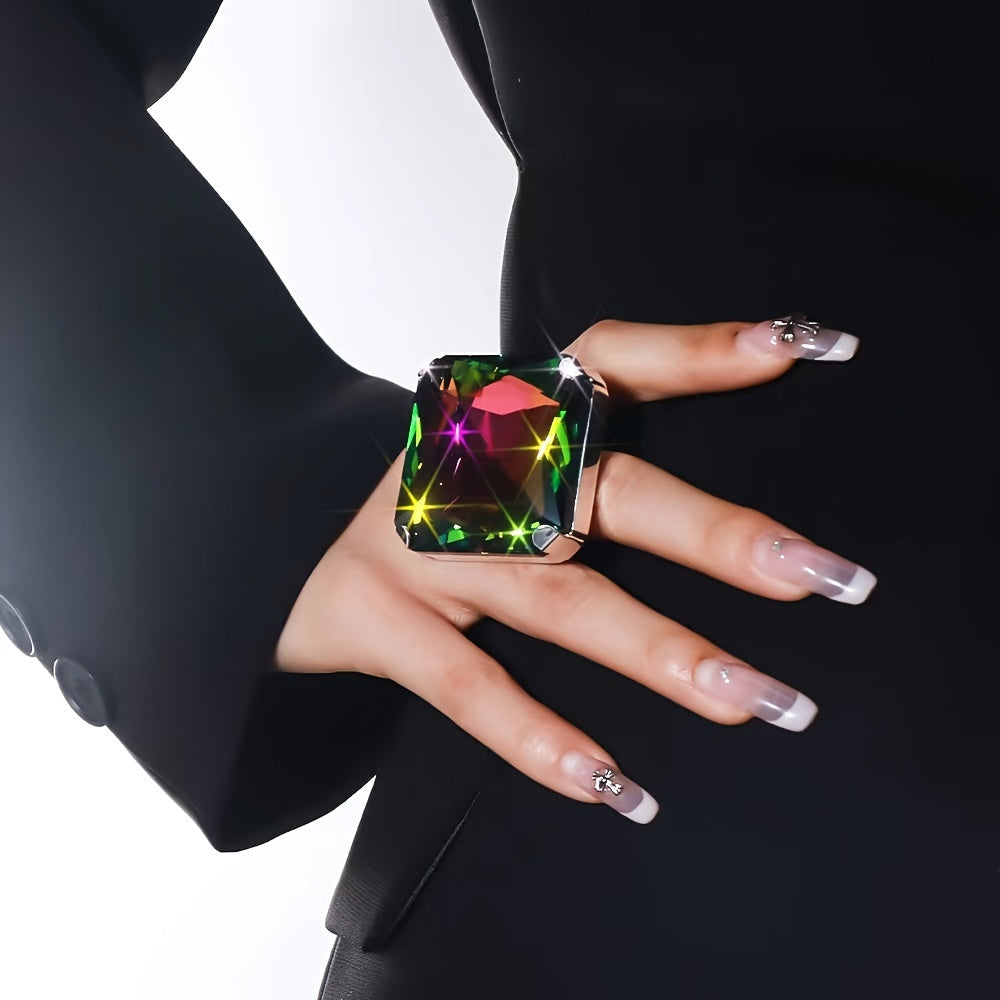 Women's Adjustable Bohemian Geometric Ring - Oversized Fashion Accessory with Elegant Multicolor Reflective Crystal Detail