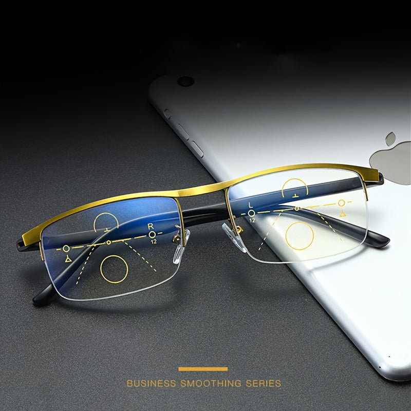 Automatic dual-purpose multi-focus reading glasses for men and women with anti-blue light technology and half-frame design.