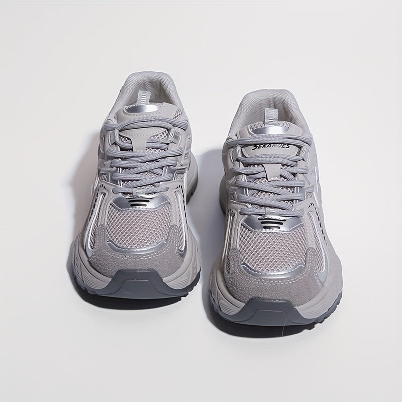 Chunky sneakers with breathable mesh & PU upper, lace-up low-top design, comfortable for all-season running with TPR sole.