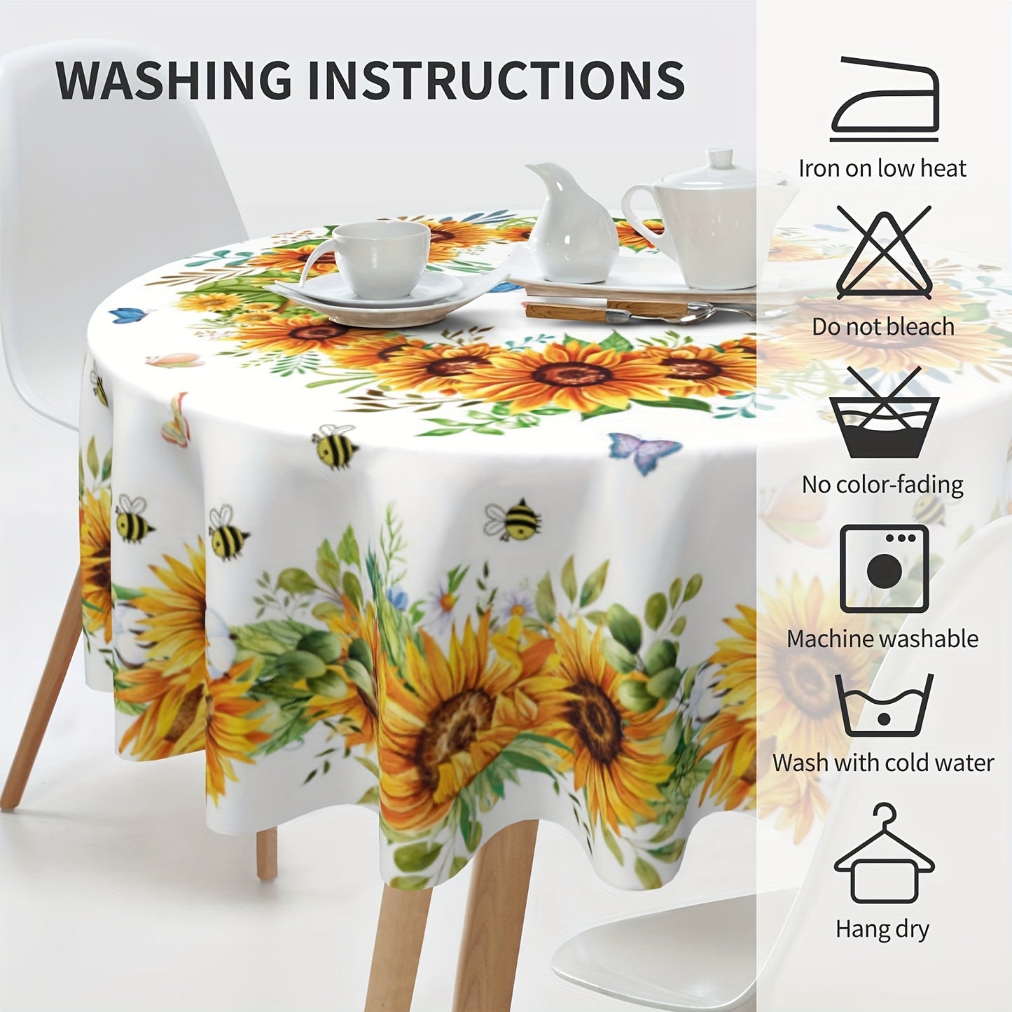 Summer sunflower tablecloth with vibrant floral design, butterflies & bees. Stain & wrinkle-free polyester, round farmhouse style for home kitchen, dining, picnic decor. Great gift. Sunflower pattern. Stainfree fabric for sunflower kitchen decor.