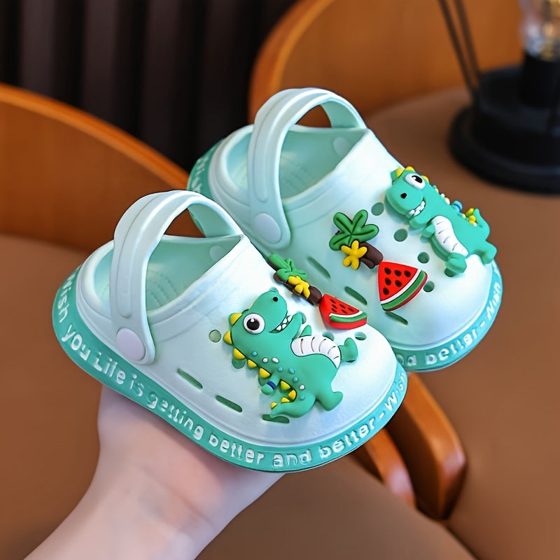 Cute cartoon dinosaur clogs for kids, perfect for indoor and outdoor use.