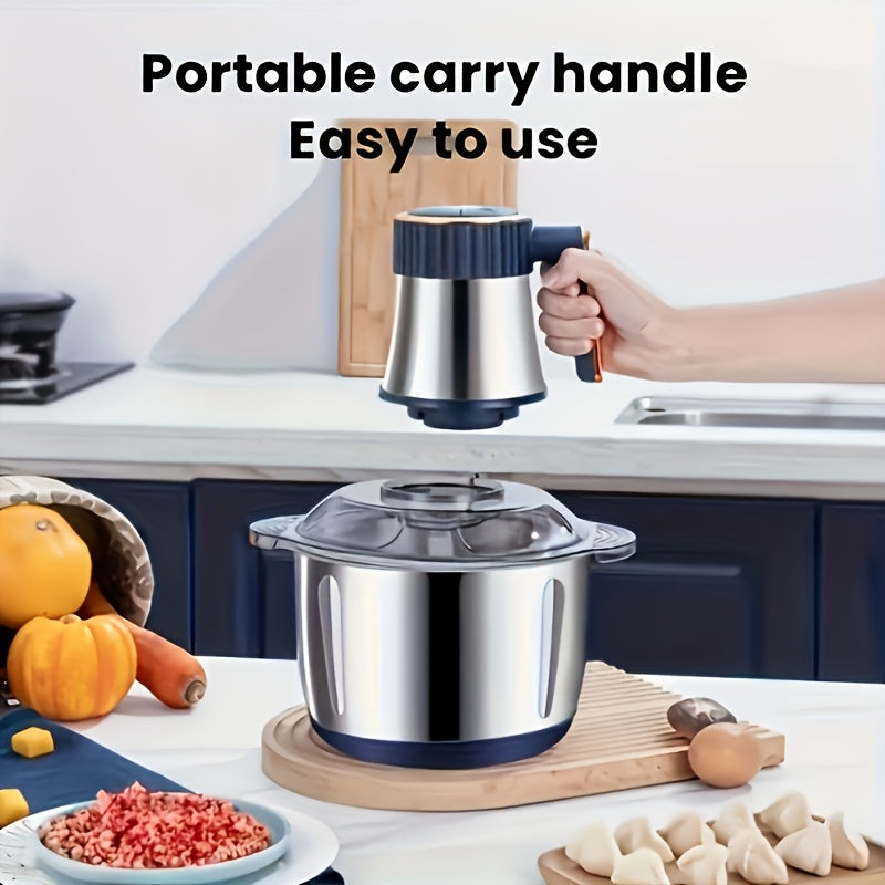 Home multifunctional food processor with 3L or optional 5L capacity. Features vegetable cutter, stainless steel meat grinder, juicer, and garlic paste maker. Perfect gift for the kitchen.