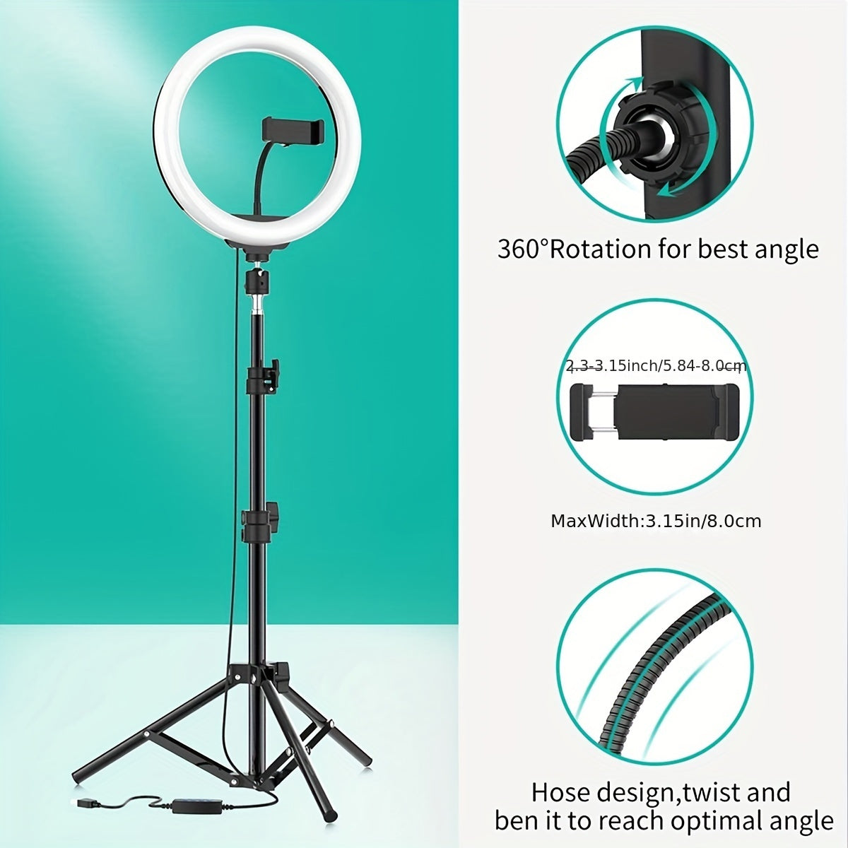 Selfie ring fill light pack with tripod stand and circular lamp for video shooting, studio photo, makeup, meetings, group selfies, and live streaming.