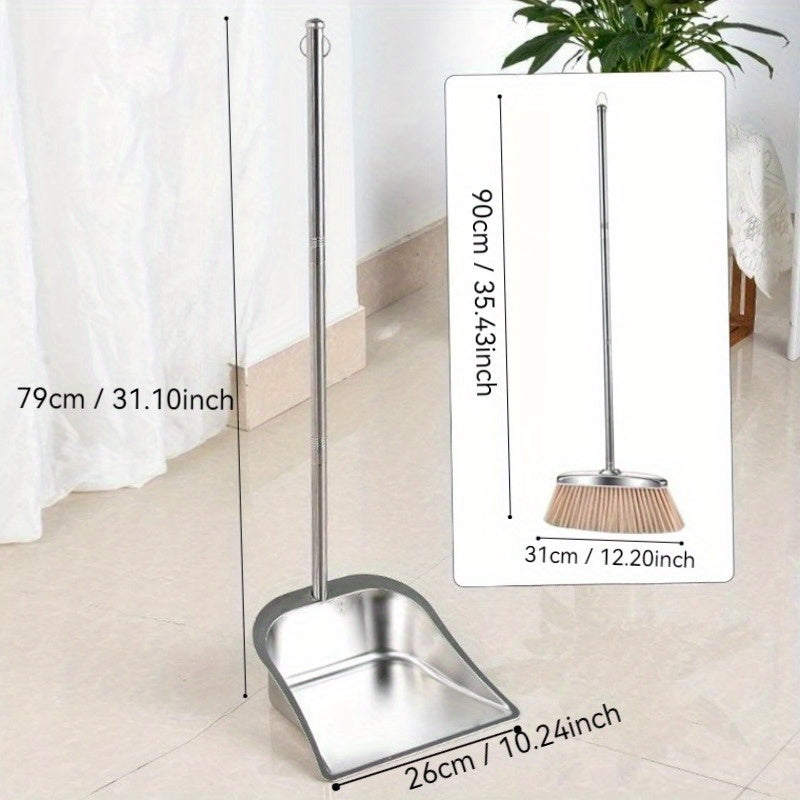 Two-piece Set of Stainless Steel Dustpan and Broom with Long Handle, Heavy-duty Upright Sweeping Brush with Hanging Ring, Ideal for Indoor Home Cleaning