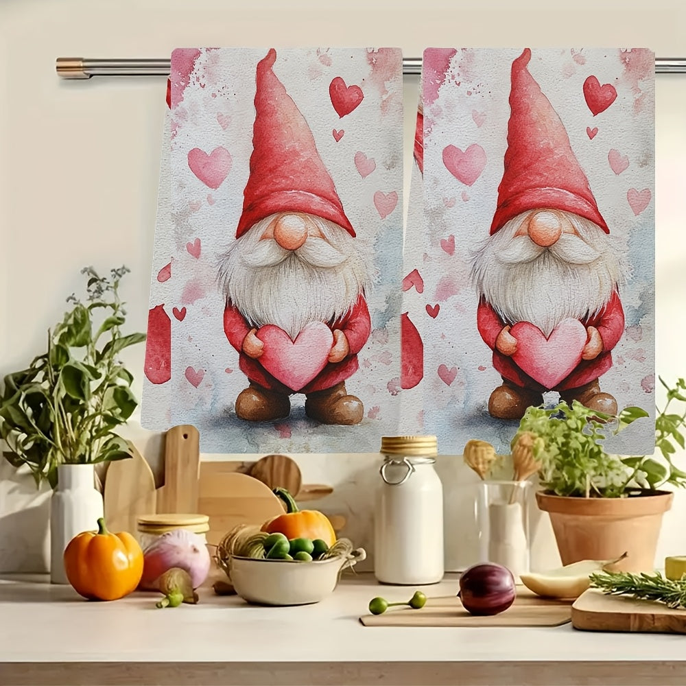 Get two charming Valentine's Day gnome kitchen towels for your home! Made from super absorbent polyester knit fabric, these towels are machine washable for easy cleaning. With a contemporary style and coastal theme, they measure 40.64x60.96 cm each. Add