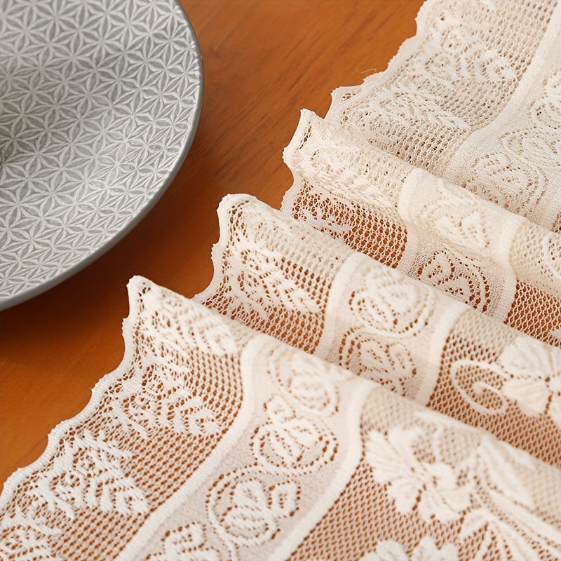 Long boho-chic lace table runner in farmhouse style, ideal for dining and bedroom decor, made of polyester blend.