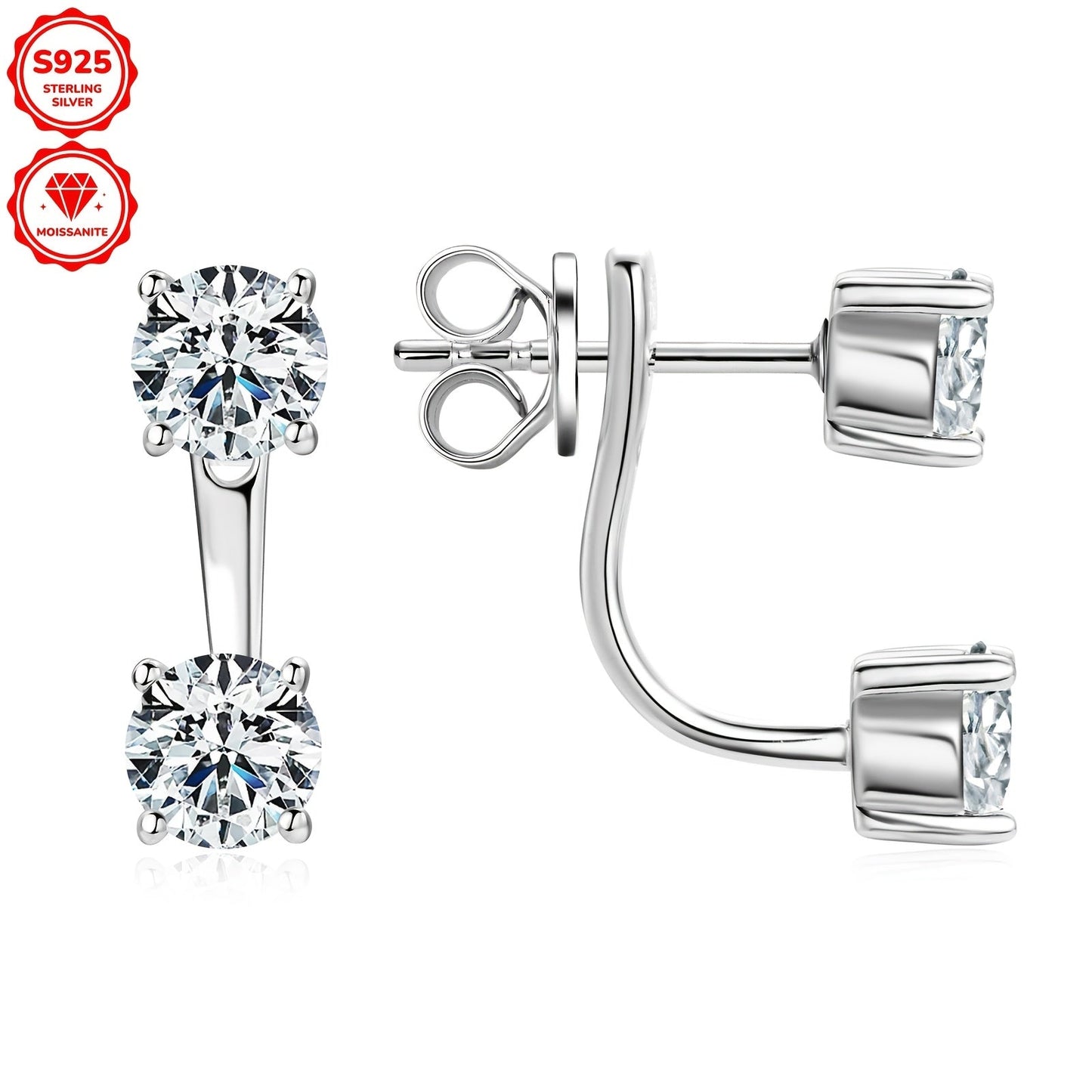 Sterling Silver Moissanite Drop Earrings with Golden Plating, featuring Simple Style and Convertible Studs. Includes 4 pieces of 5mm Round Synthetic Moissanite totaling 2.0ct, accompanied by a GRA Certificate. Perfect for Women's Wedding and Vacation