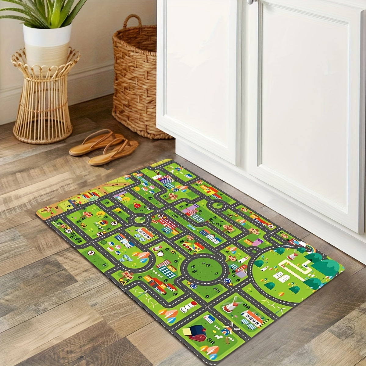 Get ready for exciting adventures with the Urban Roadscape Youngsters' Play Mat! This soft and thick flannel rug provides anti-fatigue support and is perfect for use in the kitchen, bathroom, or living room. With its non-slip design, machine washable