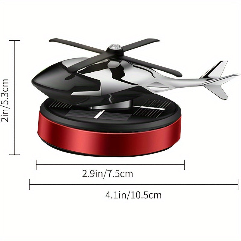 Solar-powered helicopter air freshener with rotating aluminum alloy aromatherapy diffuser in red/golden/silvery/blue, includes paper fragrance sheets for long-lasting delicate scent and car