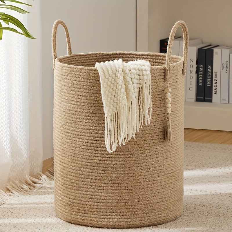 Get organized with our 1pc Jute Rope Woven Hamper, a versatile laundry basket that holds up to 58L. This tall woven collapsible basket is perfect for organizing blankets, clothes, and more in your laundry room. Use it to store supplies in the bathroom