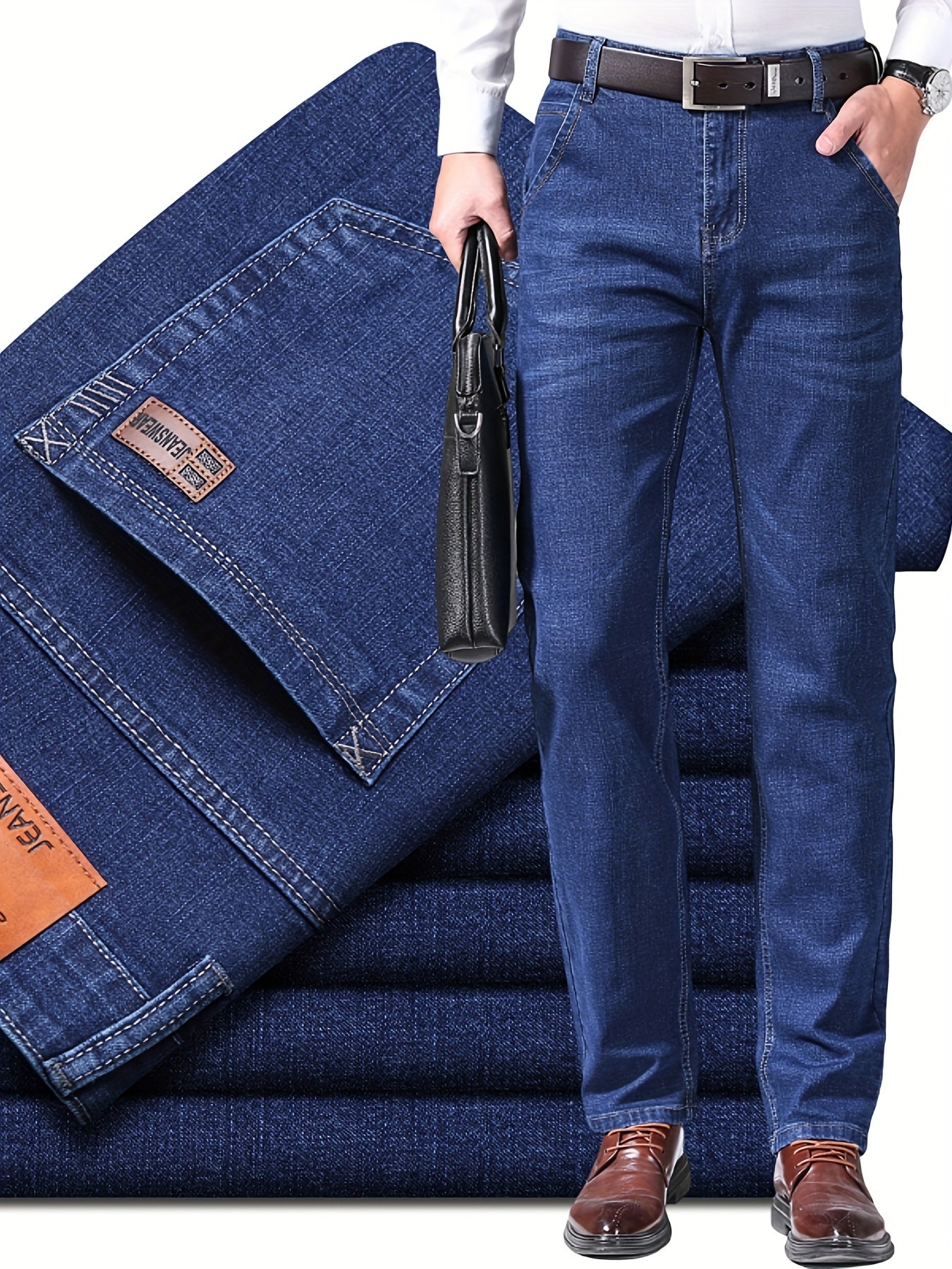 High-quality business casual denim pants for men, featuring a stretch comfort fit in a solid color washed finish. Made with all-season woven fabric of 65% cotton, 33.7% polyester, and 1.3%