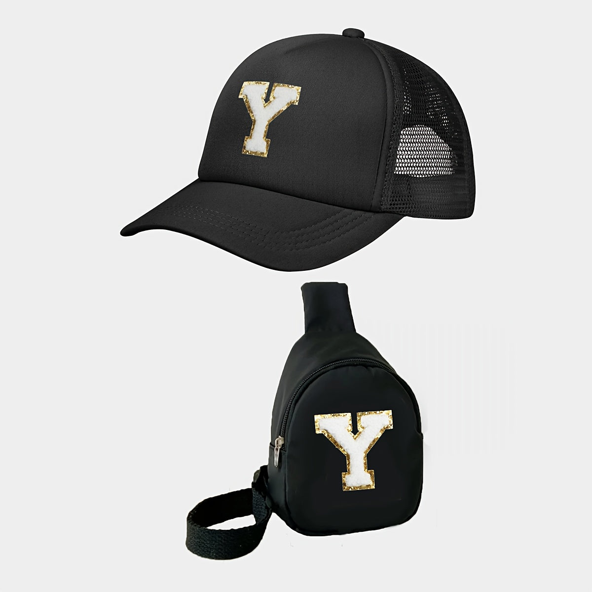 Children's Alphabet Baseball Cap and Shoulder Bag Set made of polyester material with a breathable, season-neutral design. Features a fitted cap with a buckle closure suitable for daily and