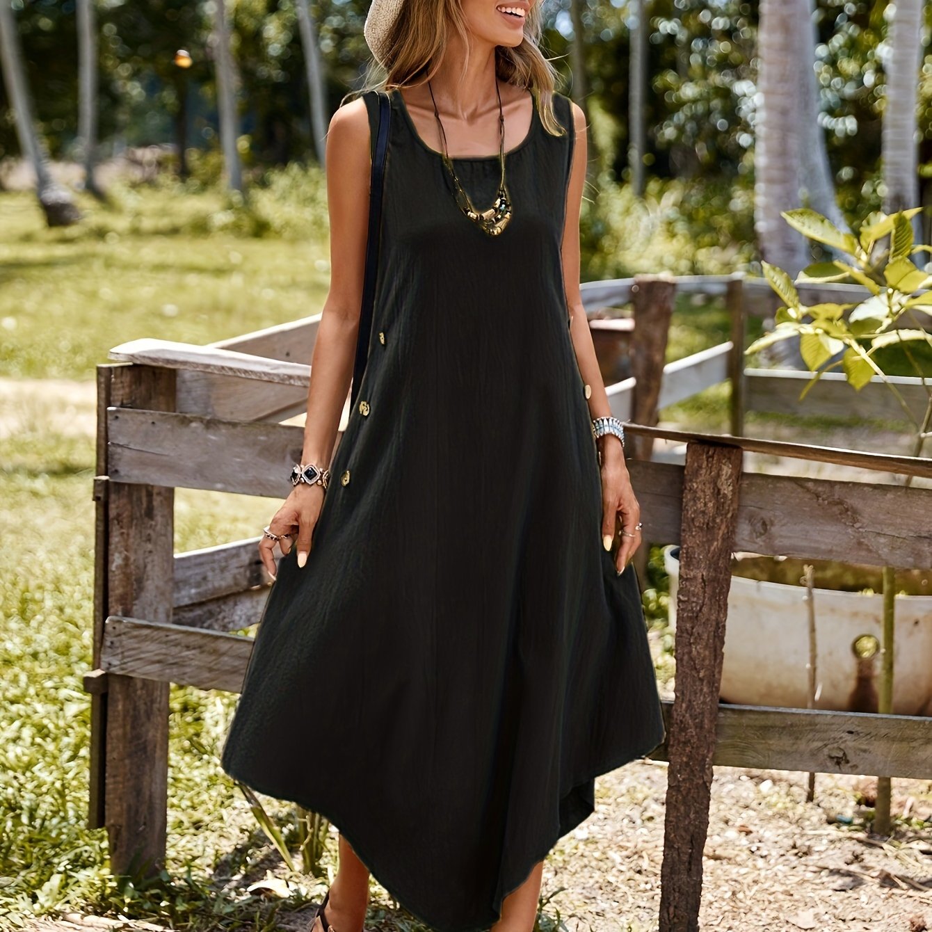 Women's Asymmetrical Hem Polyester Dress with Fake Buttons, Sleeveless A-Line design for Summer