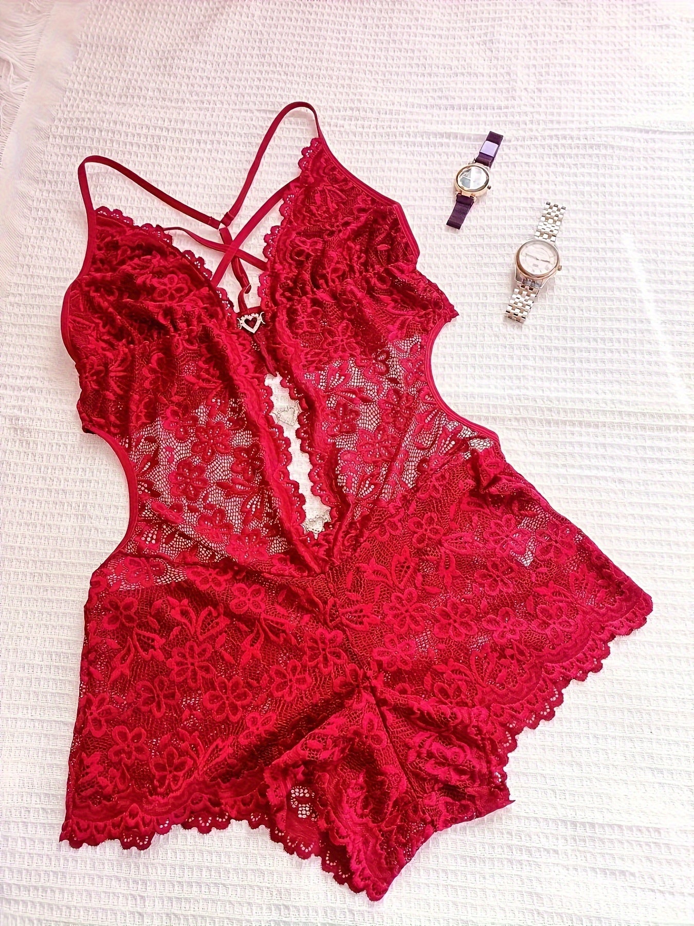 Sexy lace teddy with heart decor, deep V backless bodysuit.