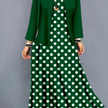 Plus-size green polka dot midi dress with solid color cardigan. Made of stretchy polyester blend, round neck, machine washable.