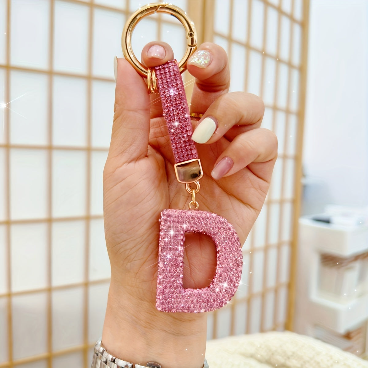 Personalized Initial Keyring - Shiny Key Ring Accessory with Alloy Rhinestone Alphabet Pendant in Pink, 1pc Charm for Women, Ring Buckle Decoration, Great Birthday or Festival Gift - Choose from Letters A-Z