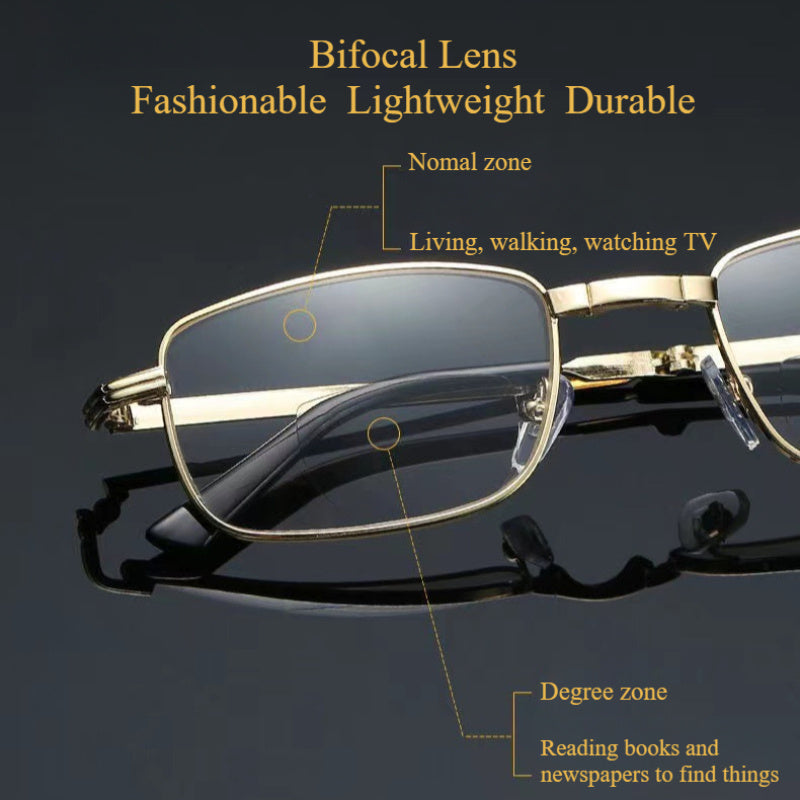 Foldable Golden Dual Light Reading Glasses with Bi-Focal Lenses (+1.0~+4.0) in Stylish Metal Frame. Portable and Scratch-Resistant for Office, Home & Travel. Comes with Case.