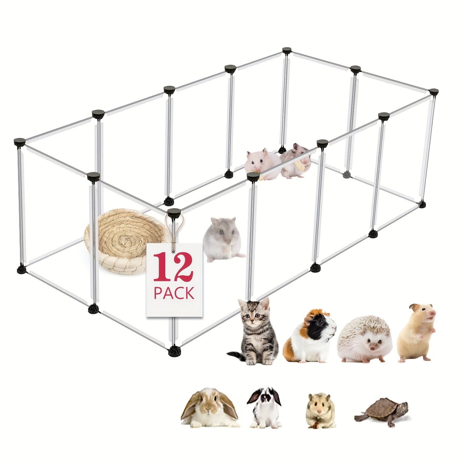 Portable metal wire playpen for small pets like rabbits and guinea pigs, suitable for indoor and outdoor use. Features rust-proof coating, easy assembly, and measures 35.05x35.05 cm with 12