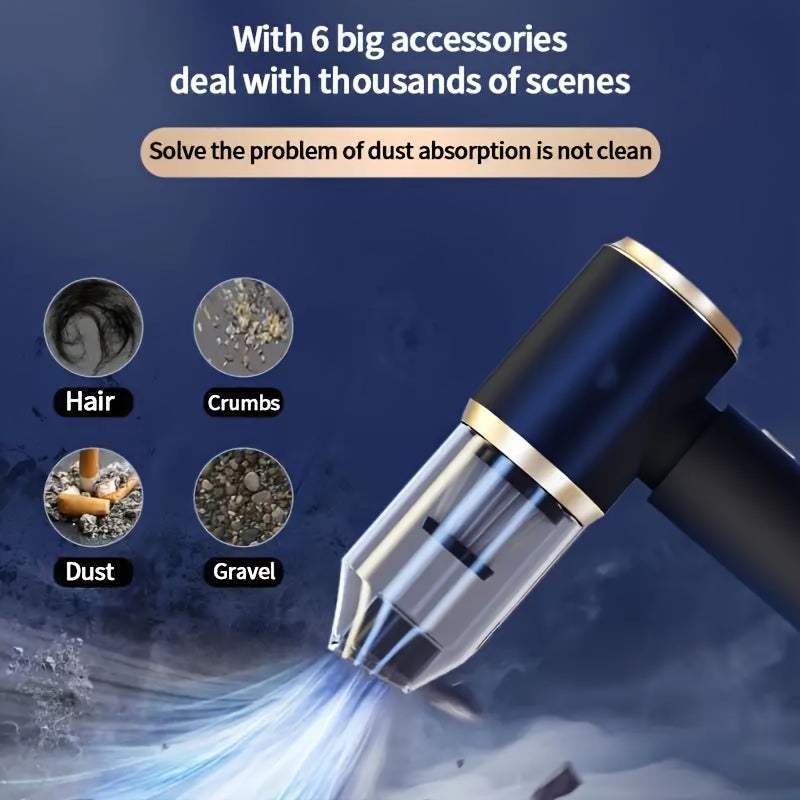 Wireless Handheld Vacuum Cleaner for Home and Car with 2000mAh capacity, 2-in-1 design, and 50W power. Made from ABS material, this vacuum cleaner features multiple components, USB charging, Li-ion battery, and dimensions of 18cm x 4.5cm. It operates at