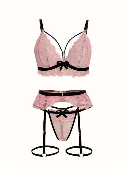 Sexy lace lingerie set with bow top, thong, and garter belt for women