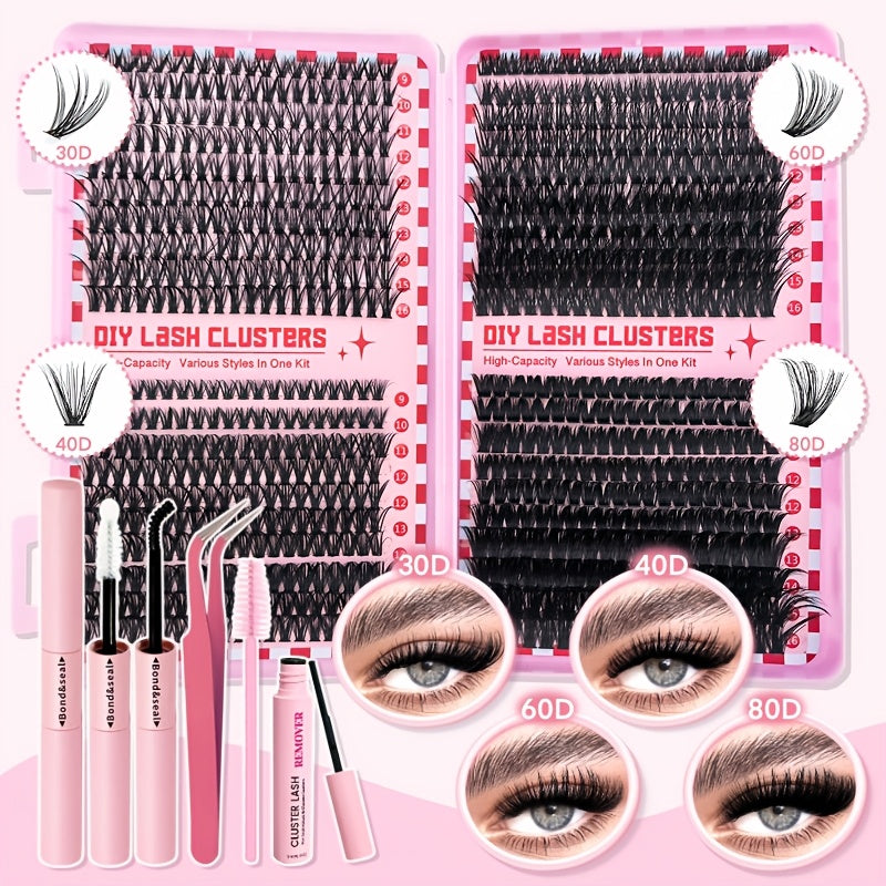 DIY Eyelash Extension Kit with 800pcs D-Curl Doll lashes in various styles and thicknesses, 9-16mm Mix Lash Clusters, and essential tools for easy at-home application.