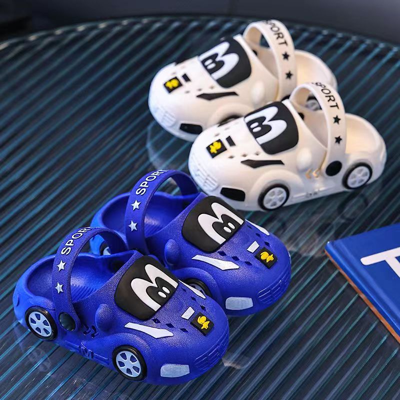 Kids Cartoon Car Slippers: Soft PVC indoor/outdoor clogs for boys and girls ages 14 and under. Slip-on water shoes for infants and toddlers.