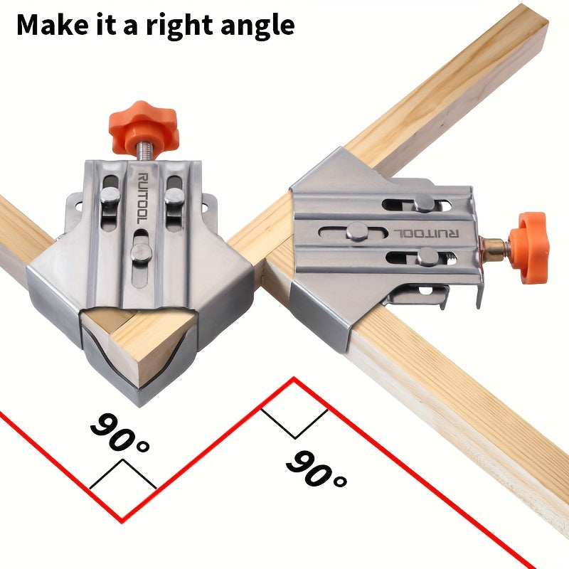 Stainless steel corner clamp for woodworking, with adjustable positioning and durable plastic components.