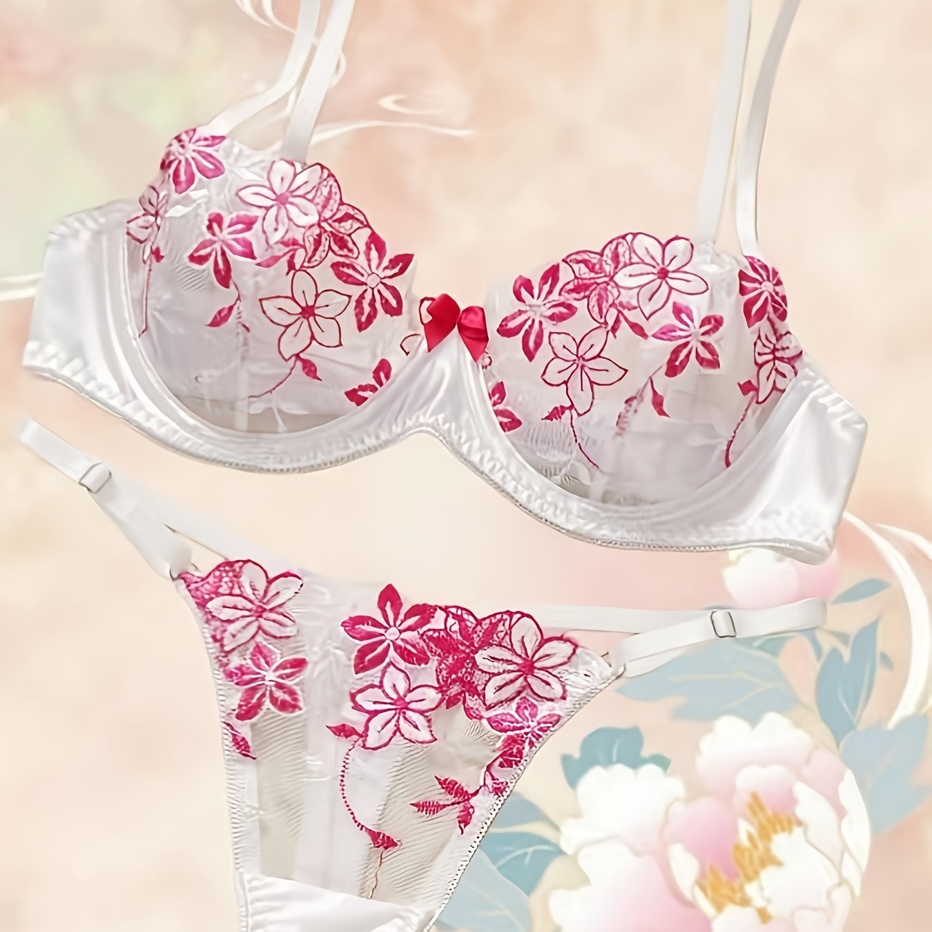 Floral embroidered lingerie set for women, featuring a sexy floral pattern, made from a blend of polyester and elastane. The set includes a medium support bra with underwire and no padding