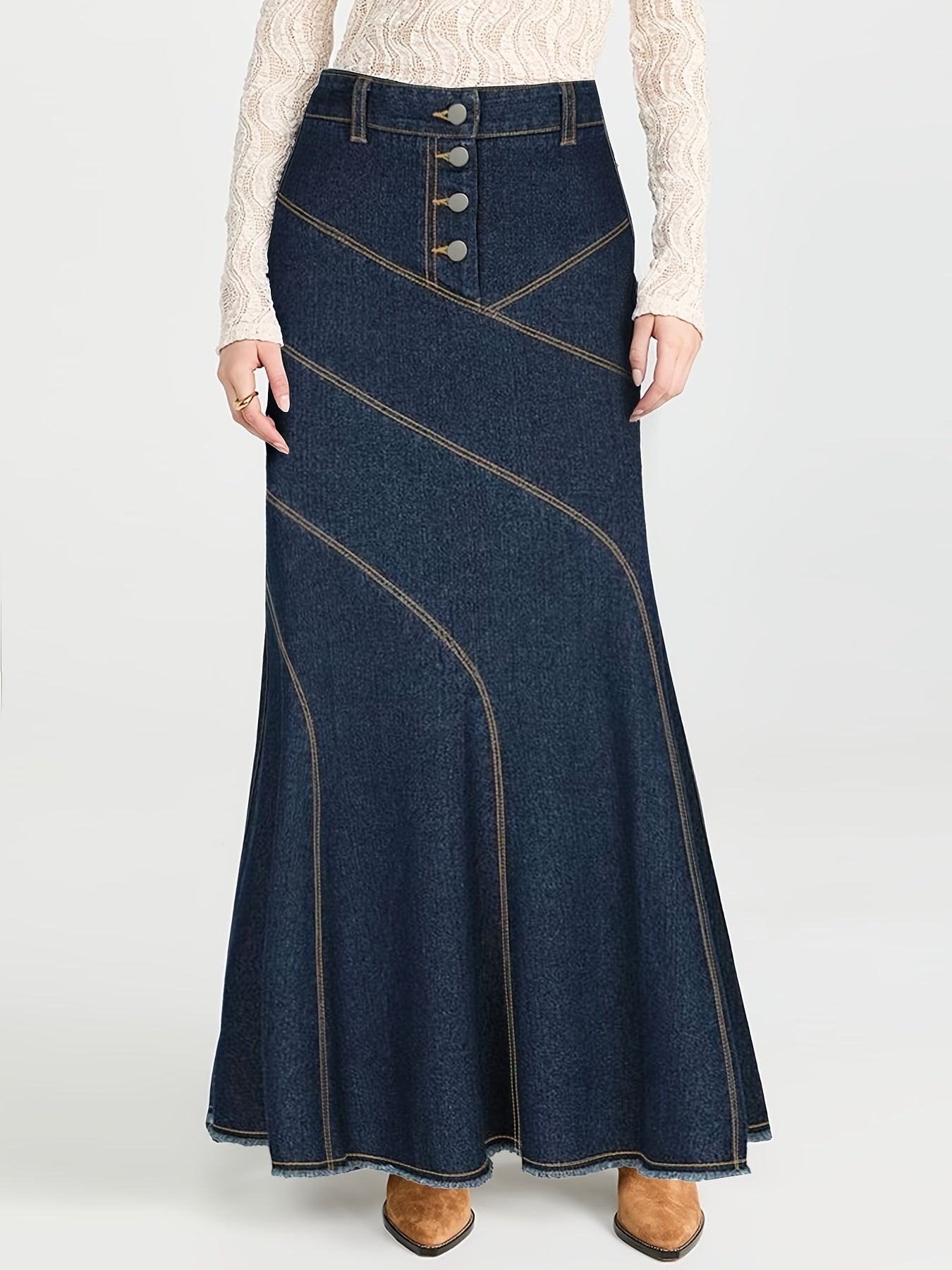 Elegant button detail denim midi skirt for plus size, high-waisted and flowing silhouette, machine washable, dark blue with light gray accents.