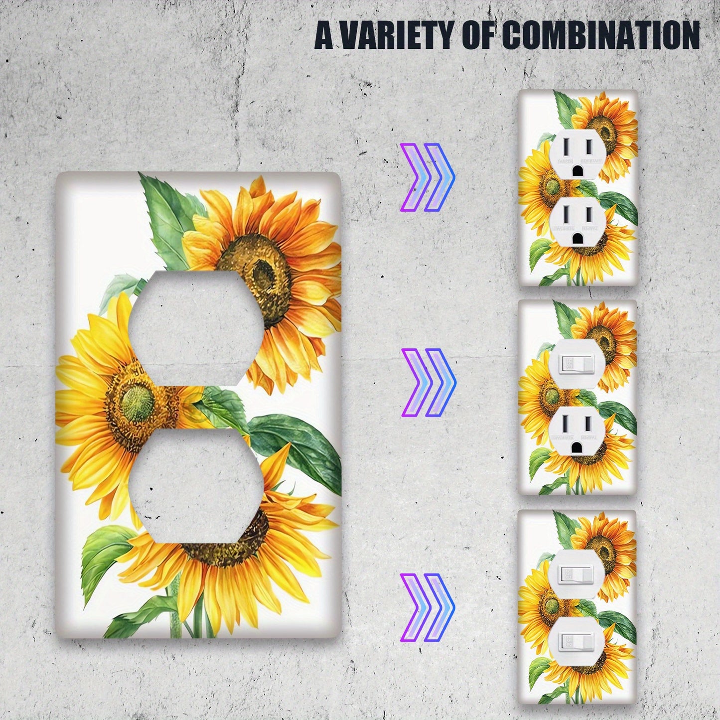 Watercolor sunflowers print light switch plate covers with small light for 1 or 2 gang switches.