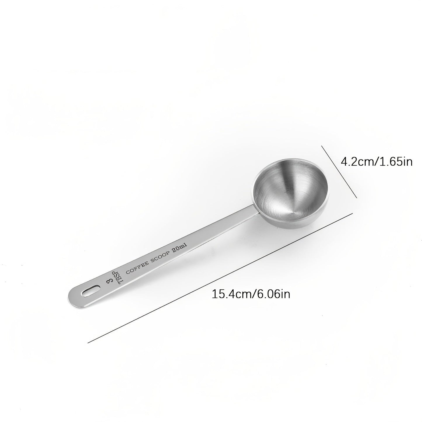 Set of long-handled stainless steel coffee scoops with multiple measurement options, suitable for ground coffee, tea, and powders. Ideal for travel, camping, and gifting, as well as for measuring loose tea. Includes 5ml, 10ml, 15ml, 20ml, and 30ml scoops.