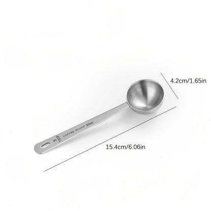 Set of long-handled stainless steel coffee scoops with multiple measurement options, suitable for ground coffee, tea, and powders. Ideal for travel, camping, and gifting, as well as for measuring loose tea. Includes 5ml, 10ml, 15ml, 20ml, and 30ml scoops.