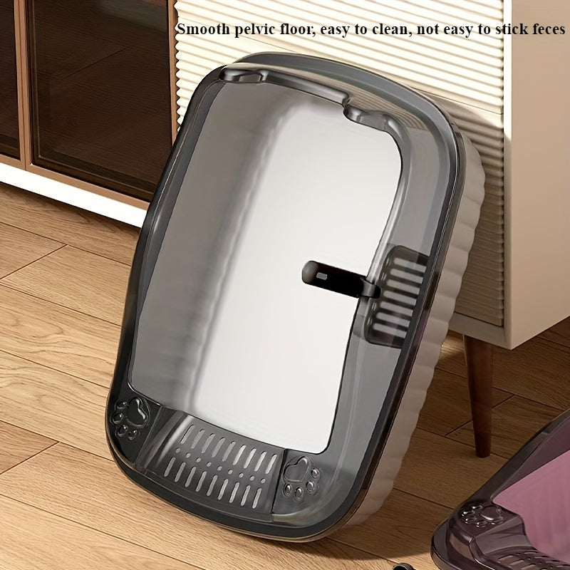 Durable ABS litter box with splash guard in 3 colors, includes scoop.