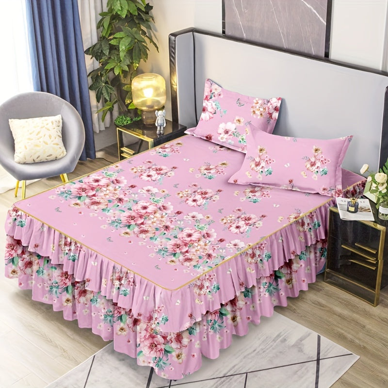 Set of 3 Macrame Bed Skirts with Flower Print, Suitable for All Seasons, with Universal Non-slip Design. Includes 1 Bed Skirt and 2 Pillowcases, Core not included.