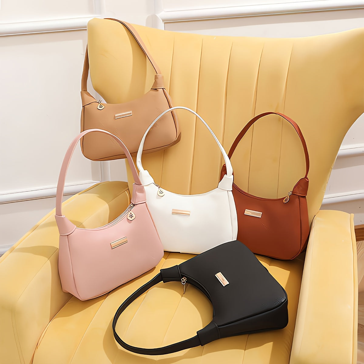 Minimalist crossbody bag for women with solid color and hardware detail, fixed straps, zipper closure, lightweight and lined with polyester. Available in black, white, pink, khaki, and