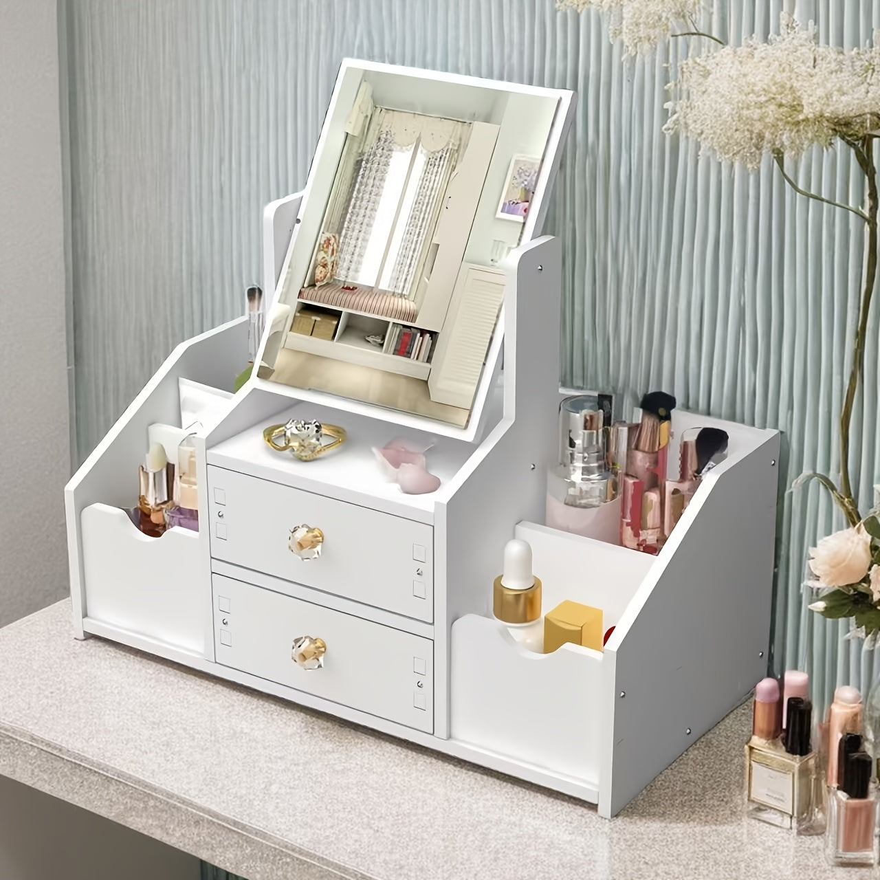 Countertop makeup organizer with mirror, drawer, and floral design for skincare products, iPhone holder, and lightweight use without electricity.