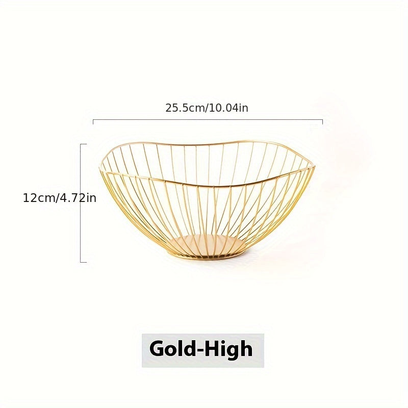 Rust-resistant golden metal wire fruit basket with non-drip mesh design, ideal for storing fruits in kitchen or living room décor.