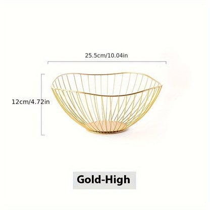 Rust-resistant golden metal wire fruit basket with non-drip mesh design, ideal for storing fruits in kitchen or living room décor.