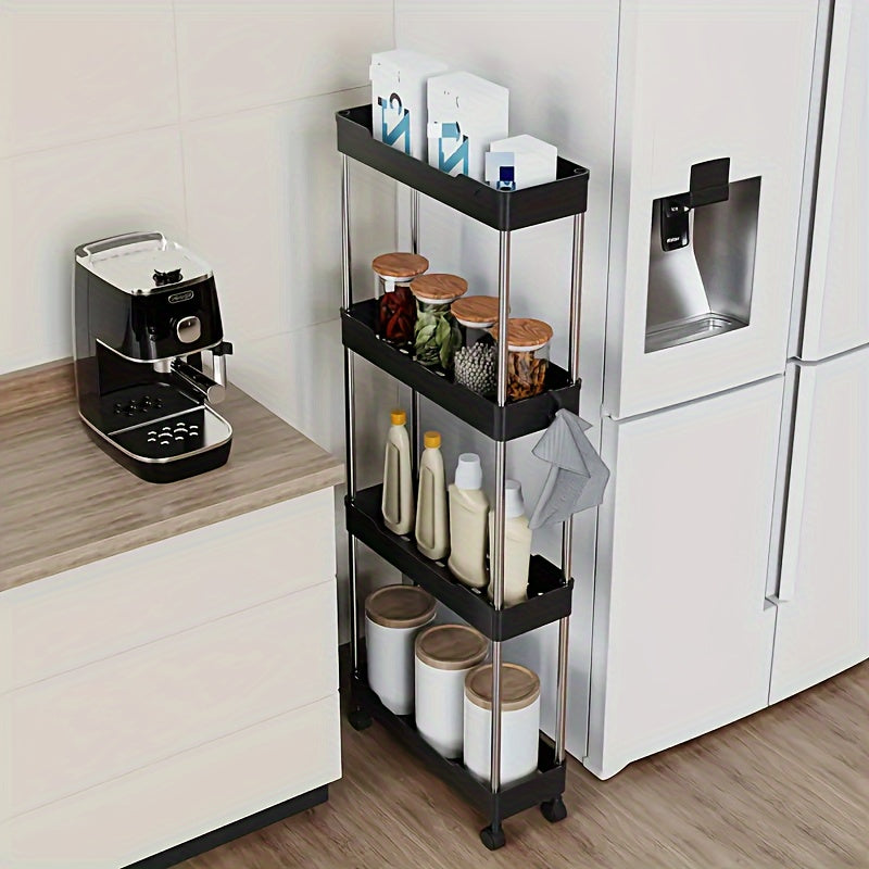 2-tier rolling storage cart in black stainless steel with wooden accents. Ideal for kitchen and bathroom organization. Floor-mounted with sliding shelves. Perfect for bottles, jars, and essentials. Great for bathroom storage and utility racks.