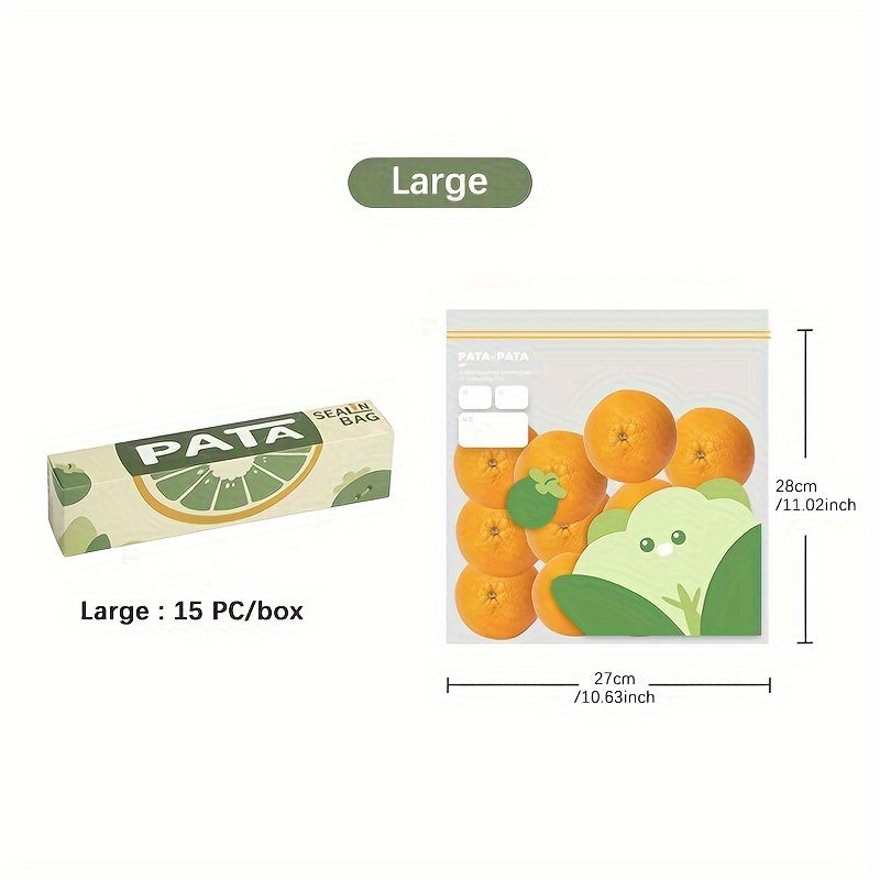 Cartoon Pattern Reusable Storage Zipper Bags in 15, 20, or 30 Pack - Ideal for Storing Fruits, Vegetables, Grains, and Kitchen Supplies. Features Sub-Packaging, Fresh-keeping, Anti-odor, and Leak-Proof Freezer Bag Technology.