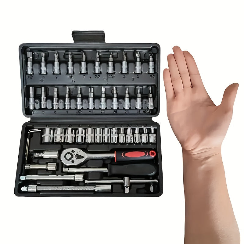 NewShark 46-Piece Socket Set with Quick-Release Ratchet - Carbon Steel Tool Kit for Auto Repairs, Includes Screwdriver Bits, Hex Keys, Extension Bar & Storage Case