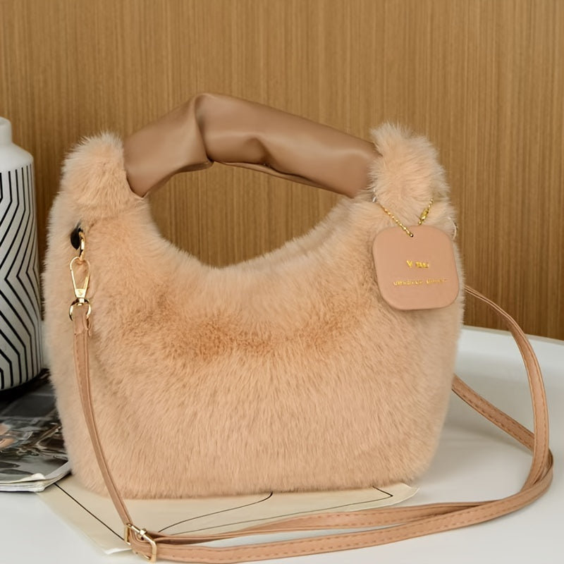 Stylish faux fur crossbody bag with zip closure, ideal for daily use.