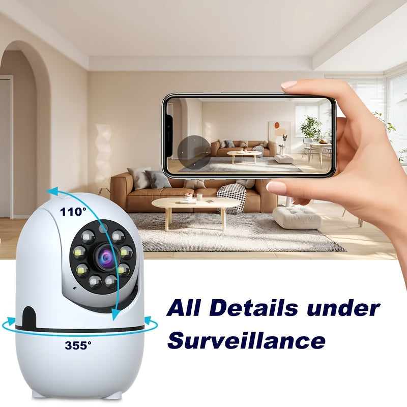 One piece Smart WiFi Security Camera with 1080P HD PTZ, 360° Pan and 110° Tilt capabilities. Features include Auto Tracking, Night Vision, Motion and Audio Detection. Connects wirelessly via 2.4G, powered by USB. Ideal for home surveillance and