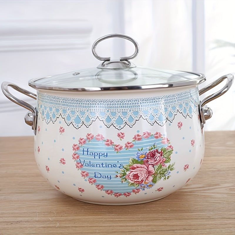 Thickened Enamel Stew Pot with Stainless Steel Handle and Transparent Cover, Suitable for Gas and Electromagnetic Stoves, Easy to Clean