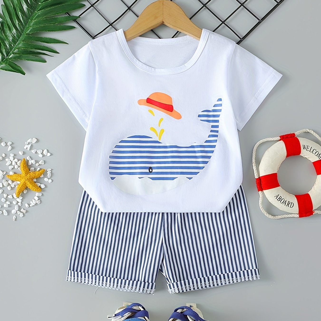 Boys Whale Casual Outfit: T-shirt & Striped Shorts for Summer Wear