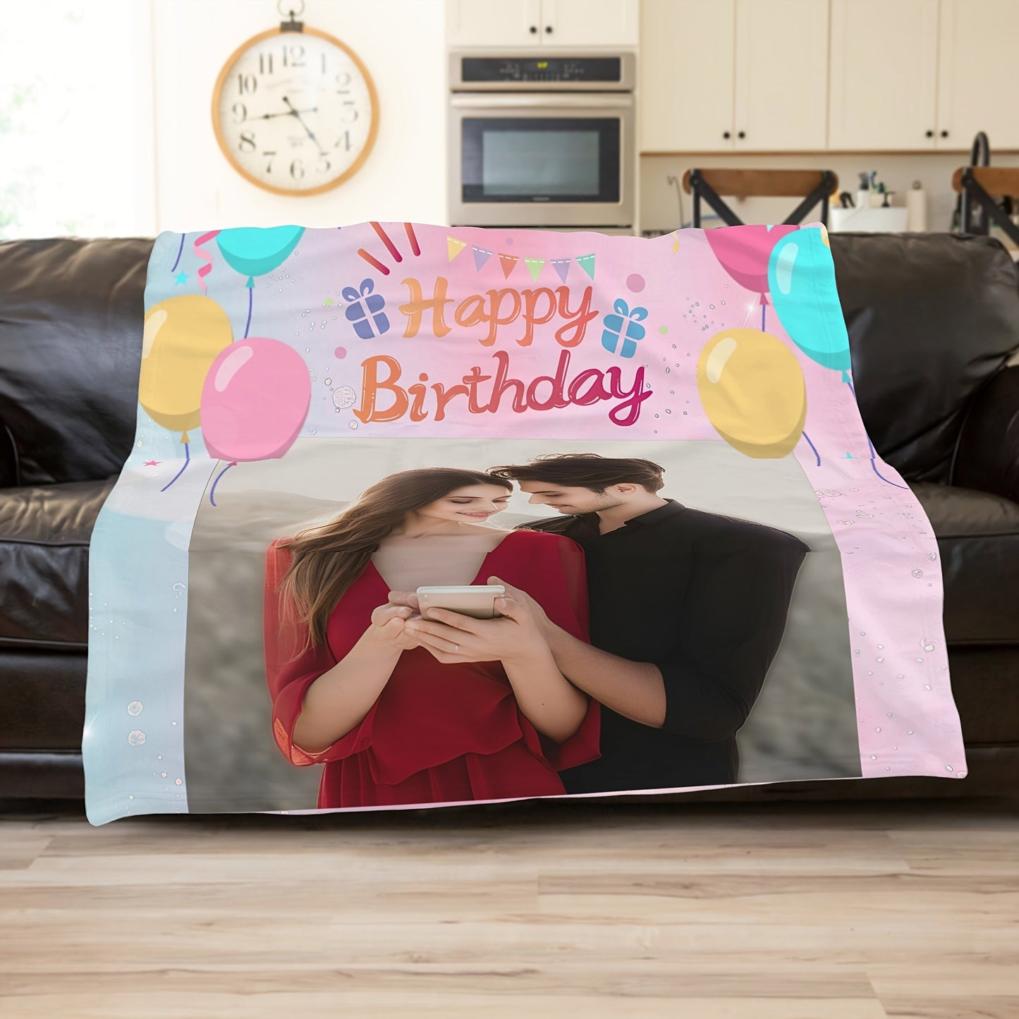 Customized Photo Blanket featuring Cute Balloons and 'Happy Birthday' Message - Ideal Present for Your Beloved Ones