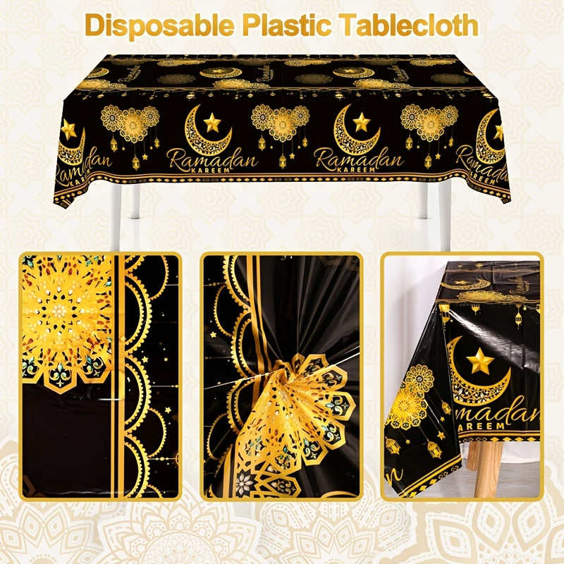 Ramadan-themed disposable plastic tablecloth with black and golden moon, lantern, and star design, sized 130x220cm. Perfect for Eid Al-Fitr & Eid Al-Adha celebrations.