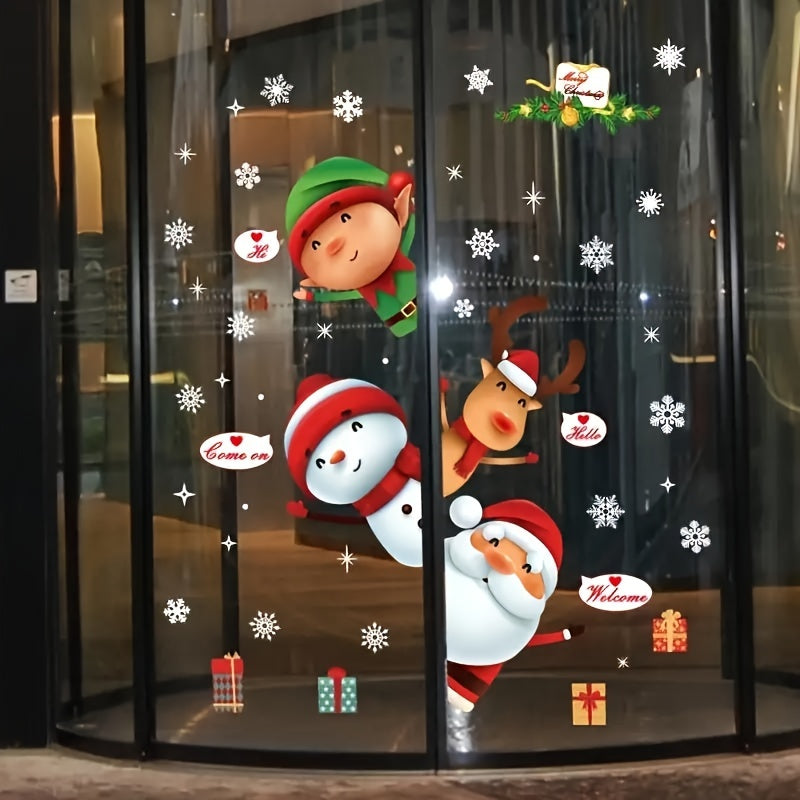 Static decals for Christmas windows, featuring classic plastic double-sided holiday designs of Santa, snowmen, and reindeer. These reusable stickers are perfect for glass door display, adding a festive touch to your home decor during the holiday season.